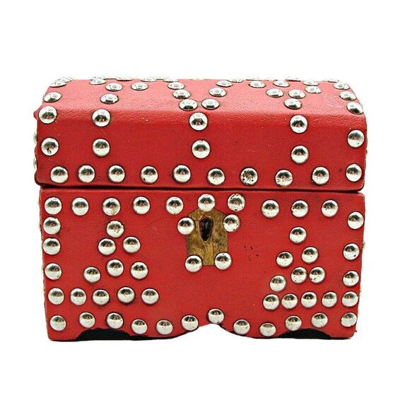 Red Leather Silver Stud Jewelry Trinket Trunk Box 6" Fashion Storage Box No Key - Picture 1 of 12